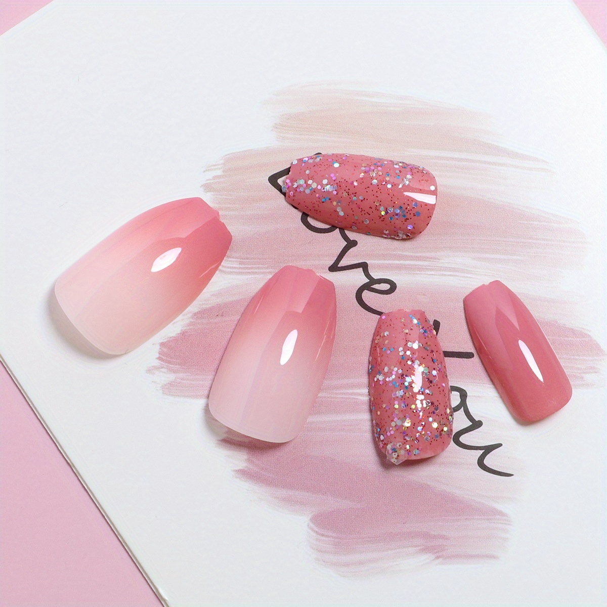  Coolnail Ombre Glossy French Press on Nails Tips Medium Square  Shape Glue on Nails Glitter Sequins Gradient Pink Full Cover Fake Nails  with Designs Artificial Nails Salon Nails Gifts for Women