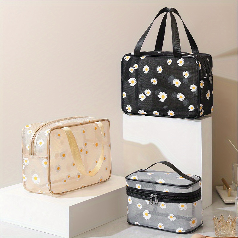 daisy pattern mesh bag portable zipper makeup bag large summer beach toiletry wash bag details 6