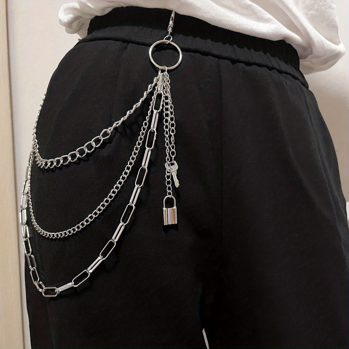 Silvery Punk Hip Hop Pants, Trousers, Men's Fashion Metal Key Lock Waist Chain Pendant Pants Key Chain for Men and Jeans Bag,Temu