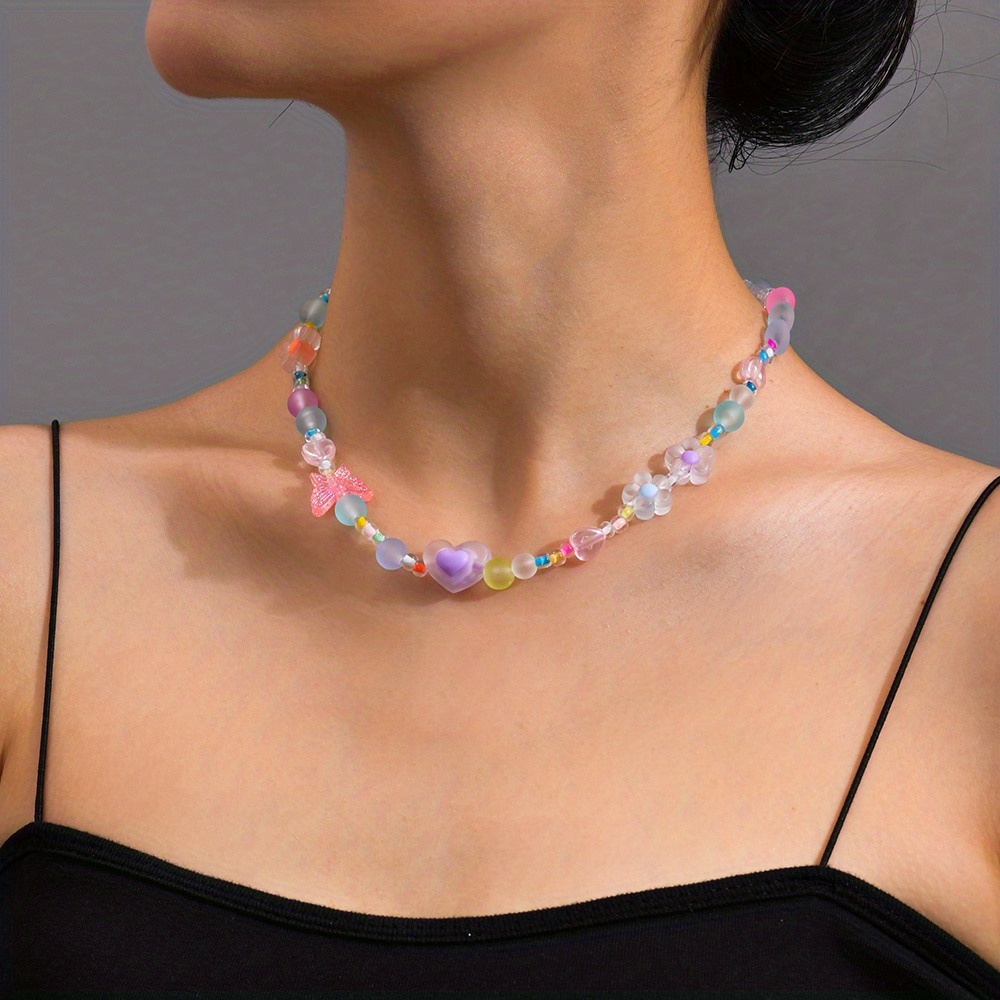 TEMU Collar de gargantilla corta de cadena de clavícula con cuentas acrílicas dulces Y2K de de con cuentas esmaltadas y coloridas