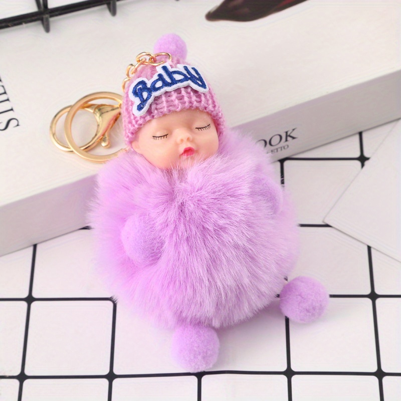 Touchy Style Cute Sleeping Doll Fur Key Chain Car Keychain Pom-Pom Curly Hair Doll Plush Ball Doll Bag Charm Cute Car Key Ring Jewelry White / 13 cm