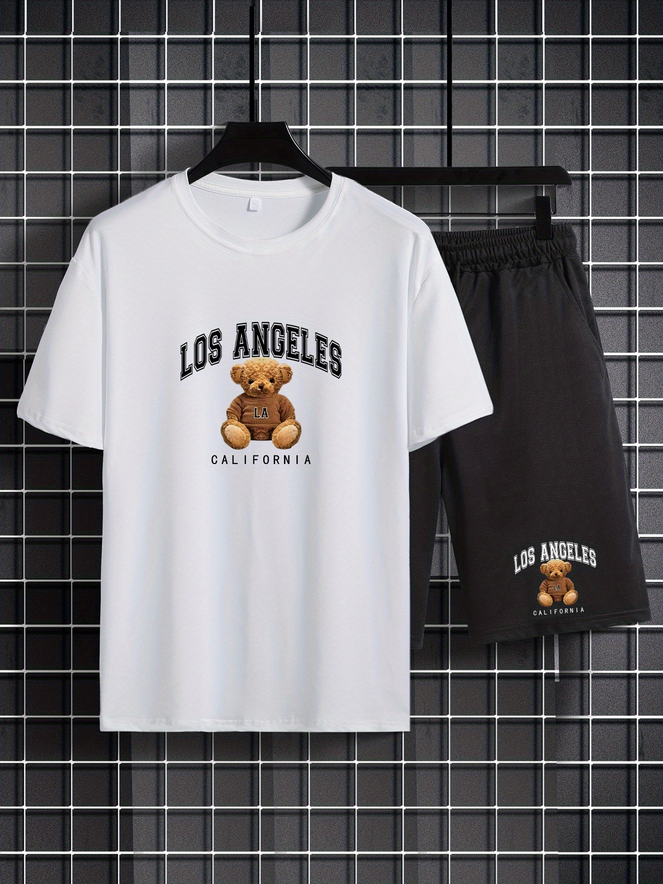 Estampado ''LOS ANGELES'', Conjunto De 2 Uds De Estilo Urbano Para Hombre,  Camiseta De Moda Y Conjunto De Pantalones Cortos Sueltos Con Cordón, Ropa