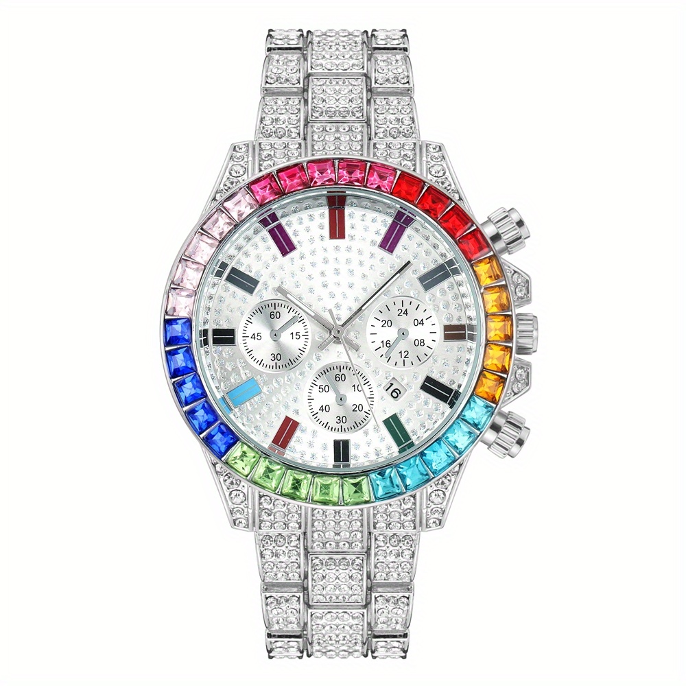 Reloj de pulsera para hombre, carátula colorida, cubierto completamente de  diamantes de imitación grandes, con números romanos - ST10327 RN Single