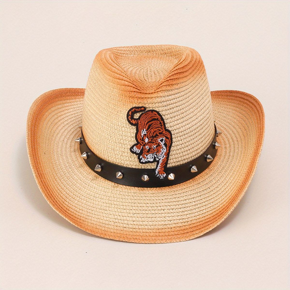 Rivet Belt Gradient Color Jazz Cowboy Straw Hat Summer Outdoor Fishing Sun  Hat Men's Sunshade Beach Hat For Men And Women