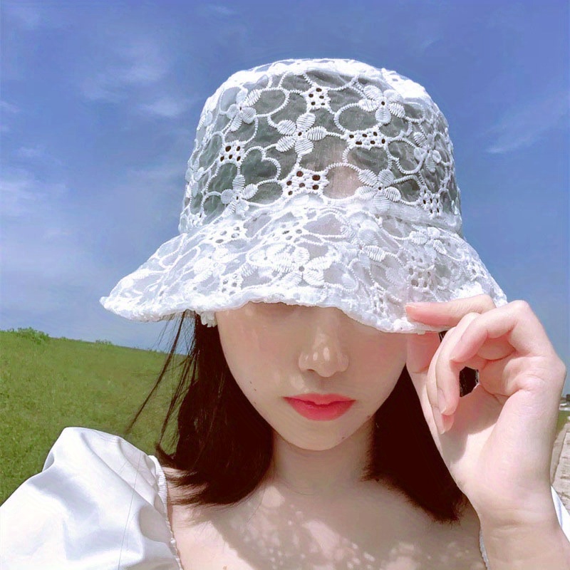 Women Sun Protection Lase Flower Decor Thin Bucket Hat, Face Covering Breathable Sun Hat, Fishing Hat, Women's Hat Temu