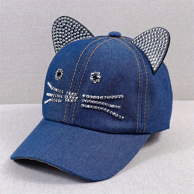 Rhinestone Cat Ears Baseball Cap Y2k Blue Denim Lightweight - Temu