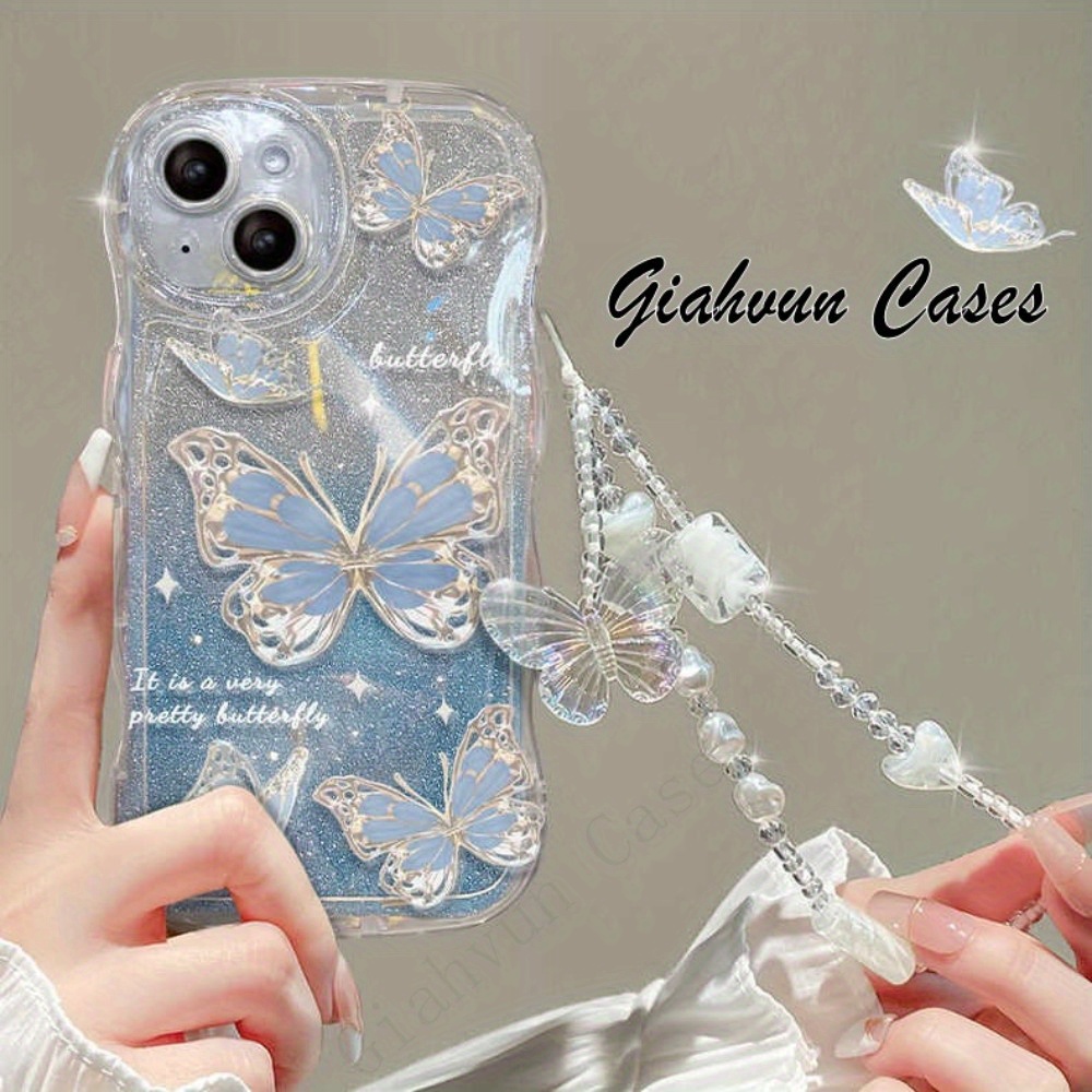Laser Butterfly Artificial Pearl Crystal Anti-lost Bracelet Super Flash  Dream Butterfly Phone Case For iPhone 14 13 12 11 Pro MAX Plus + Mini X/XS  XR