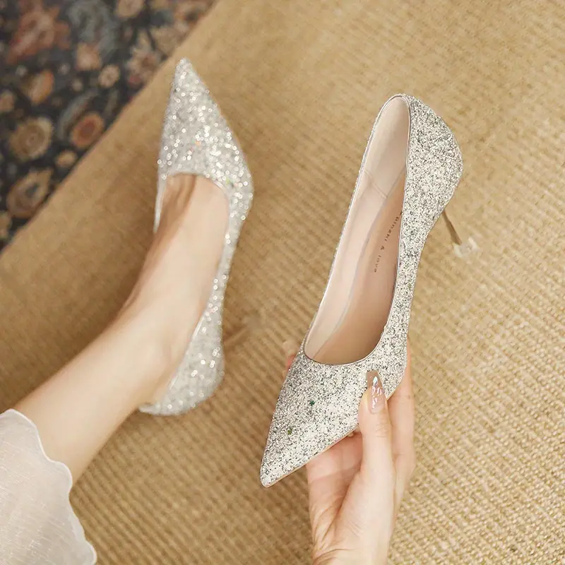 womens glitter sequins decor stiletto heels elegant pointed toe wedding shoes womens fashion outdoor pumps details 4