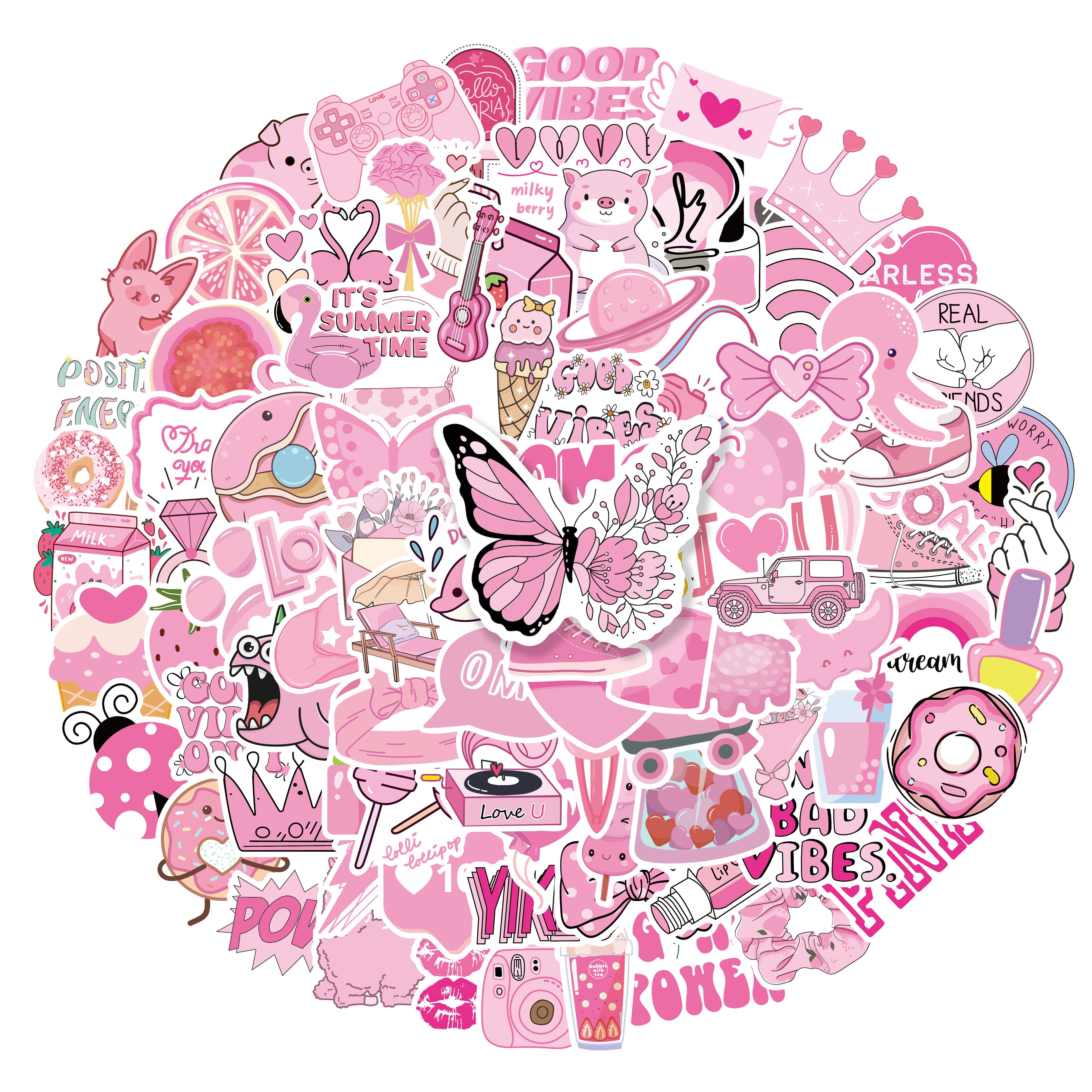 100 PCS Preppy Stickers Pink Stickers Pack, Aesthetic Stickers Water Bottle,Smile  Stickers,Vinyl Waterproof Stickers 