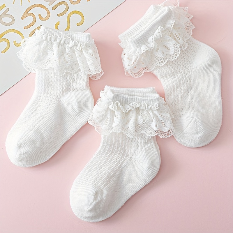 3pairs Baby Girls Lace Trim Socks, Breathable Comfortable Princess Socks For Infant Newborn Toddlers