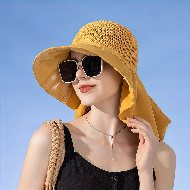 Solid Color Cotton Sun Hat with Neck Gaiter Breathable Veil Wide Brim UV Protection Bucket Hats for Women,Temu