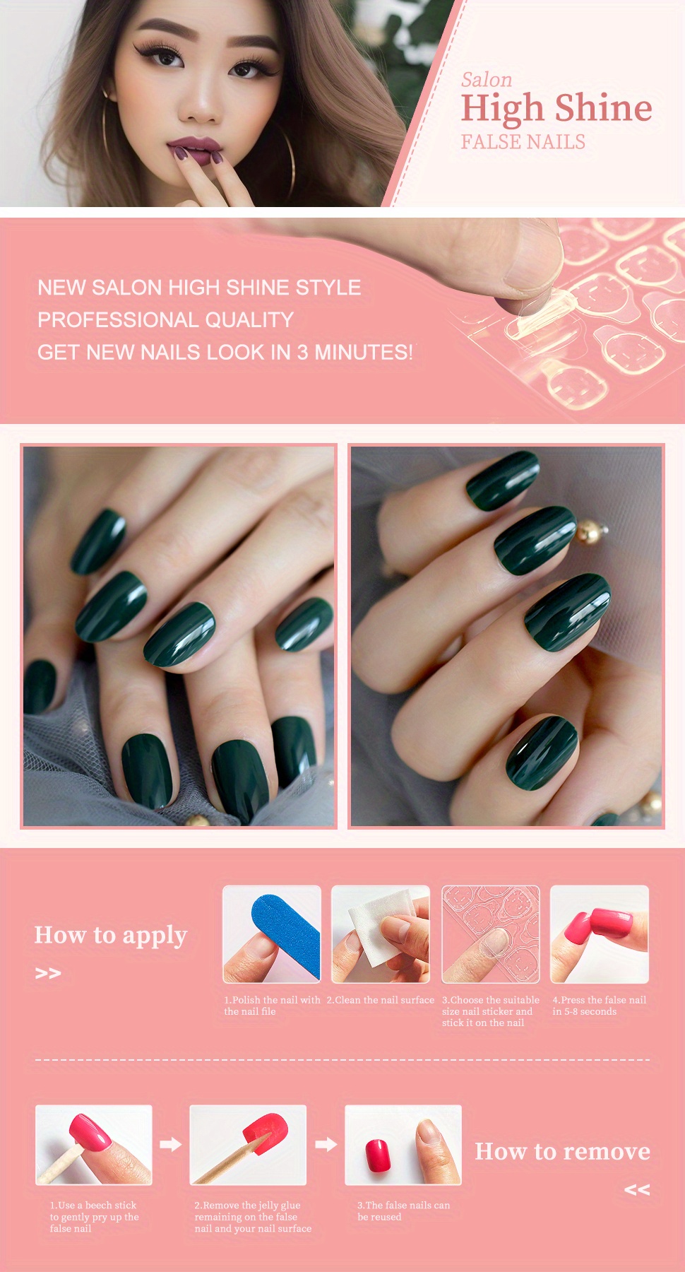 24pcs dark green fake nails short oval press on nails with design glossy full cover pure color false nails for women and girls daily wear details 0