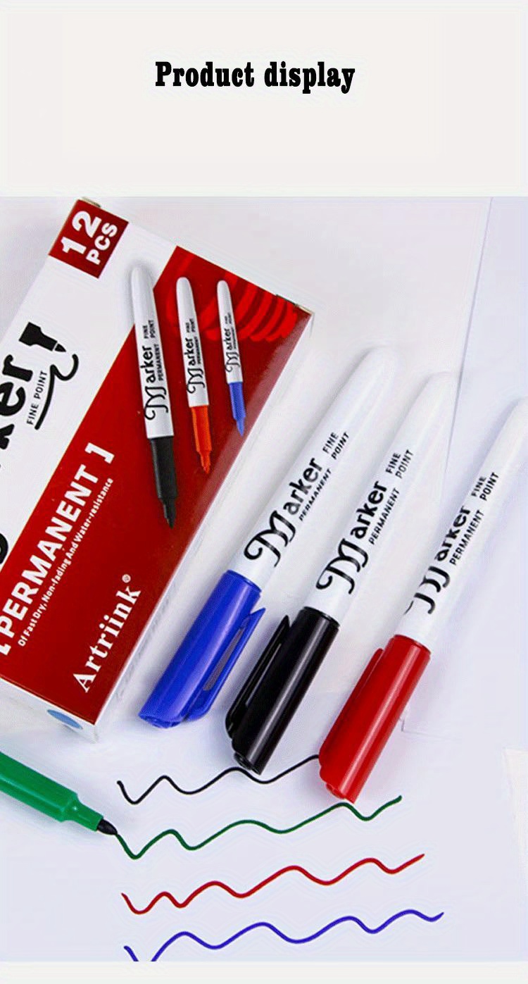 [14 Permanent Markers - 12 Black + Red + Blue] Think2 Fine Point Markers. (12 Black, 1 Red, 1 Blue) for Paper, Plastic, Stone, Metal and Glass.