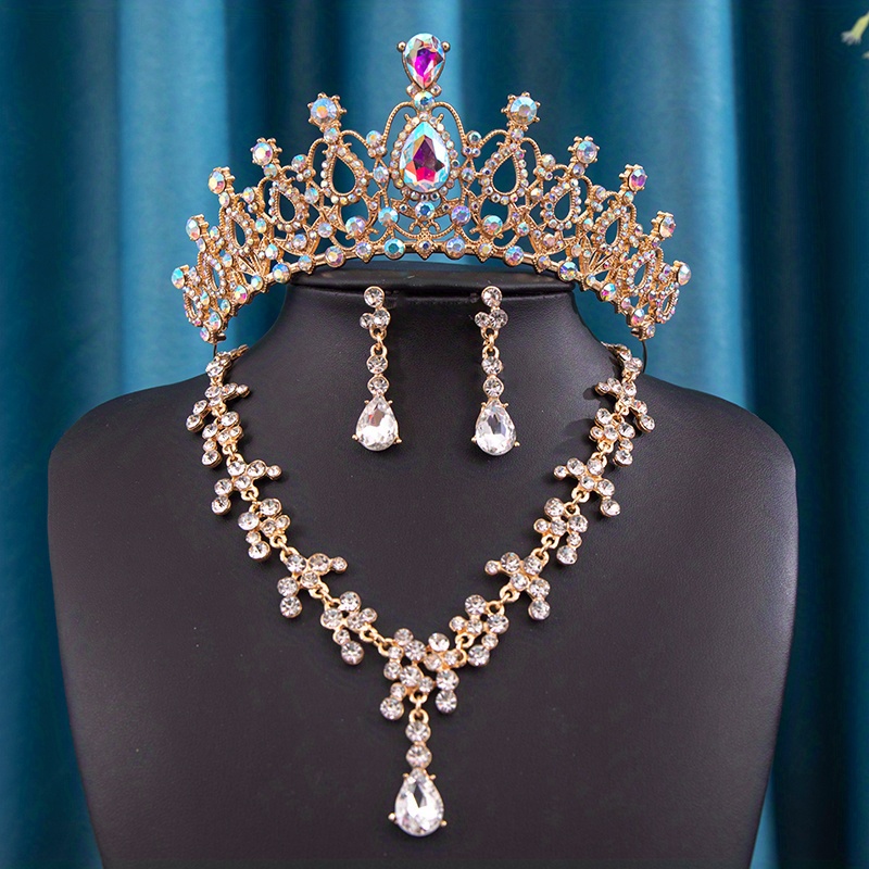 Cenmon Crown Bridal Sets for Women Necklace Tiara Earrings Jewelry Accessories Gold Set