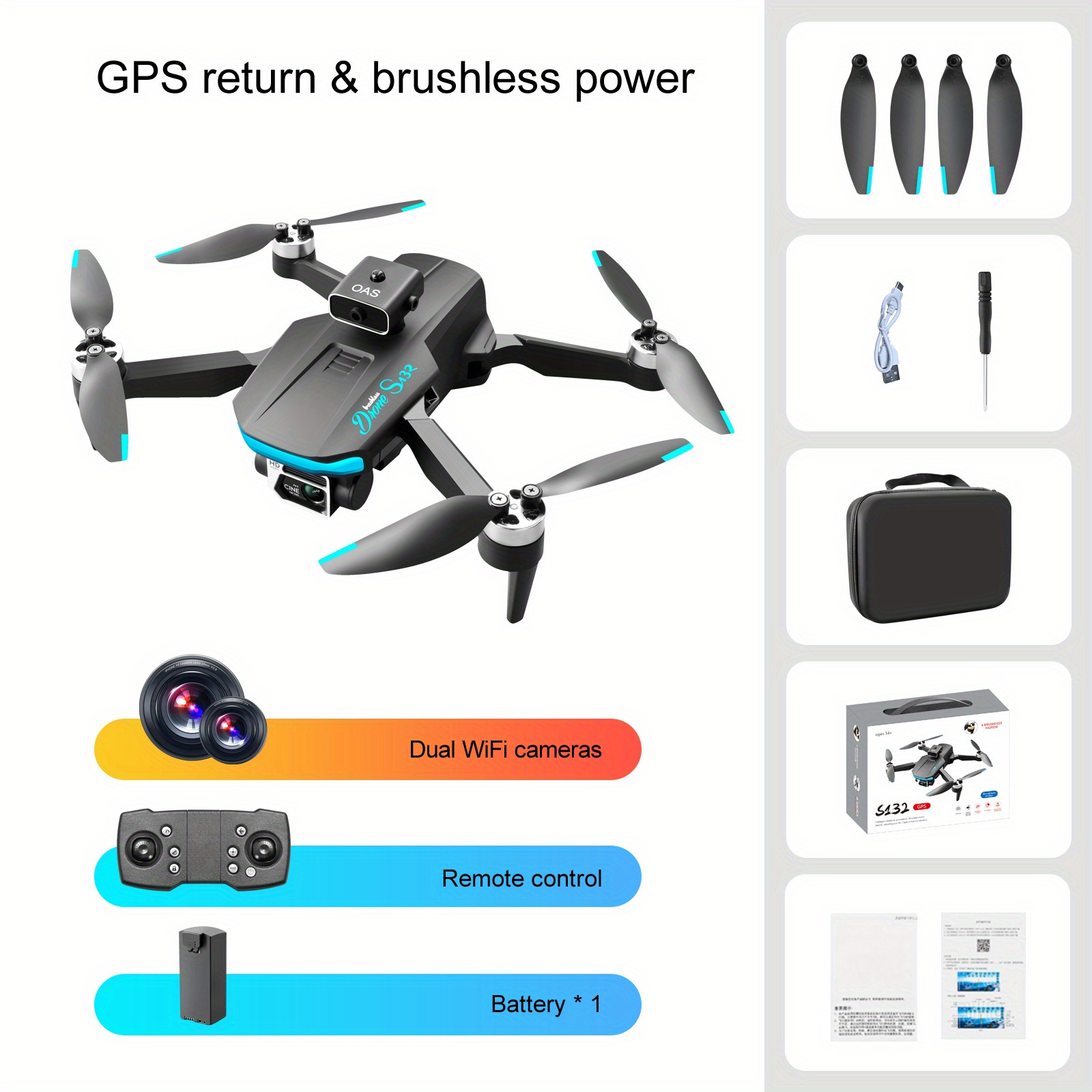 gps positioning drone professional grade s132 brushless motor intelligent obstacle avoidance optical flow positioning esc wifi dual hd camera 18 minutes battery life christmas halloween gift single battery gps positioning brushless motor intelligent obstacle avoidance 9