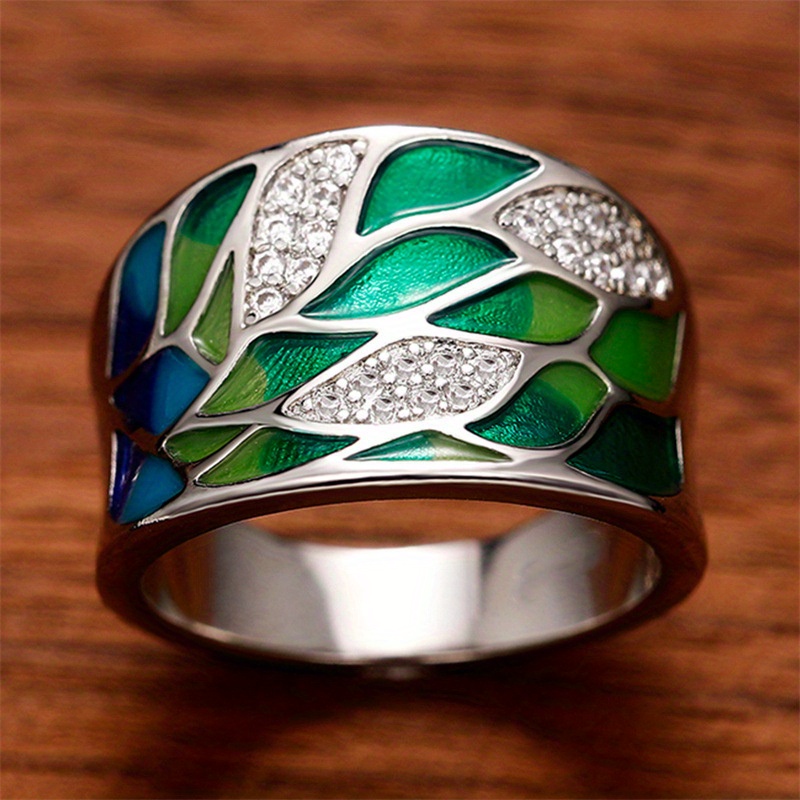 Image of Fashion Green Leaf Enamel Micro Pave Synthetic Zirconia Rings For Women Daily Casual Party Accessories