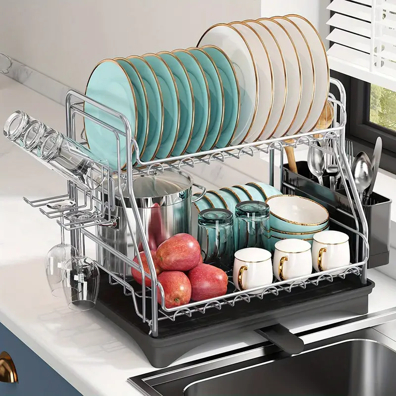 2 Tier Dish Drying Rack With Utensil Holder - Large Countertop