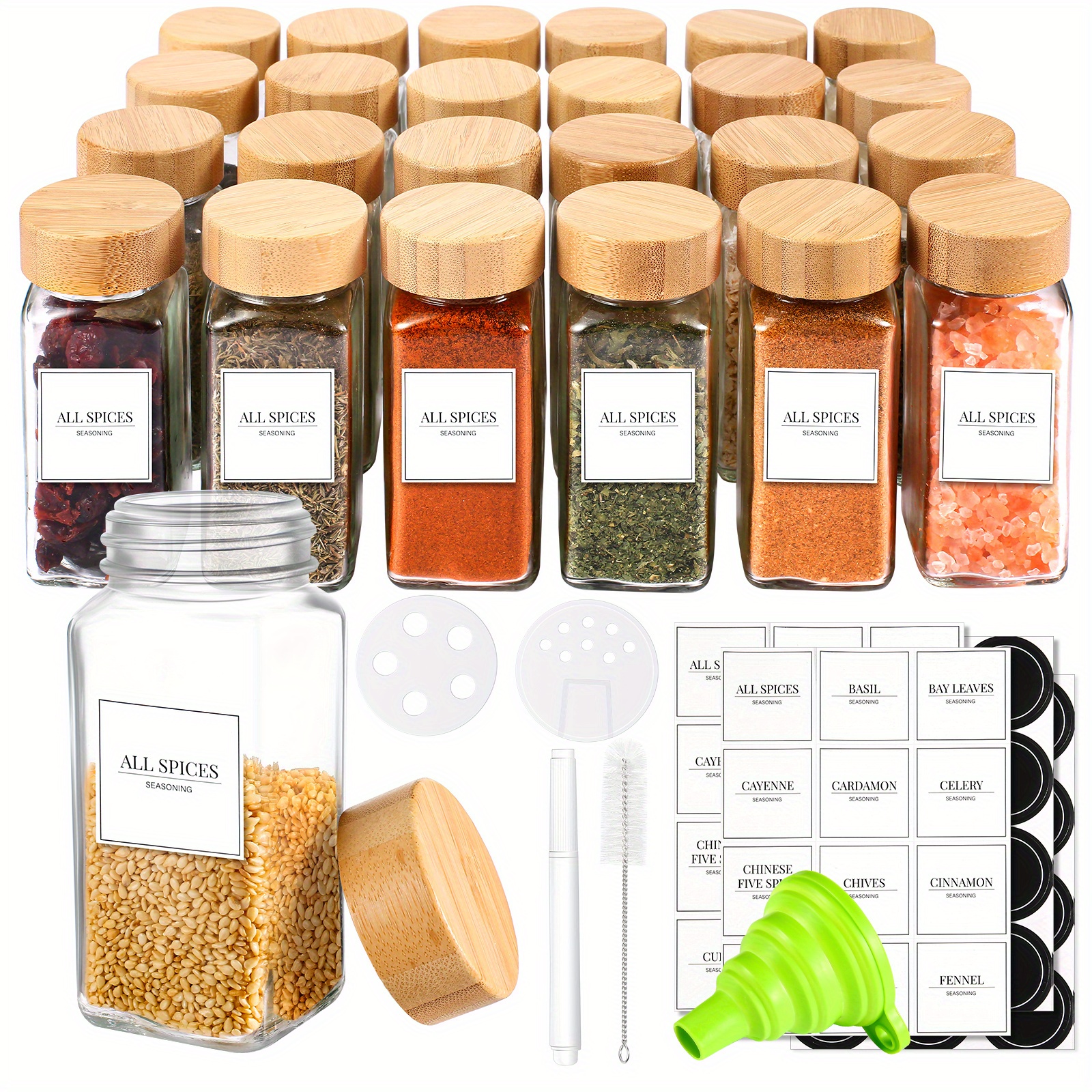 Woisut Spice Jars with Labels, 24 Pcs Glass Spice Jars with Bamboo Lids 4  oz Seasoning Organizer, Empty Spice Containers Bottles Set with Reusable
