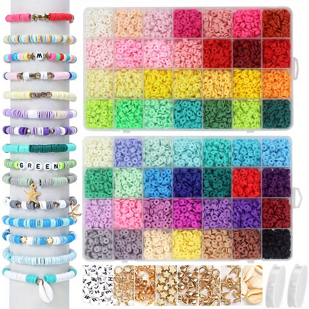 Kit de 14,500 pulseras para hacer pulseras, cuentas de arcilla de color más  grande, cuentas redondas planas para hacer joyas con dijes, arcilla