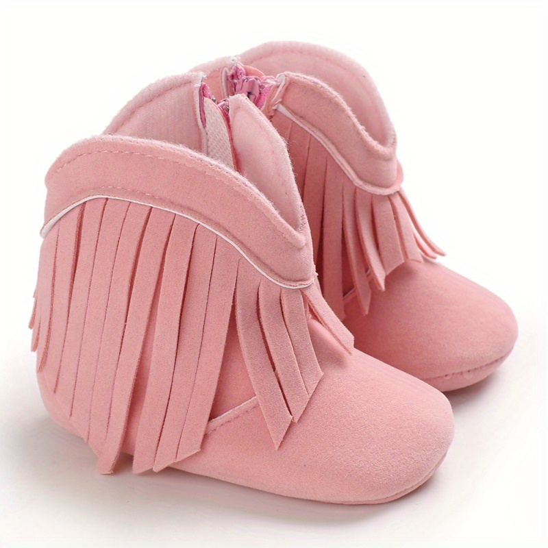 Toddler Ankle High Zippered Boots with Tassels, Geometric Pattern, Soft Fabric Upper/Insole/Sole, Round Toe, Platform Heel, Fashionable Walking Shoes for Baby Girls 0-1 Years, Spring/Fall Collection