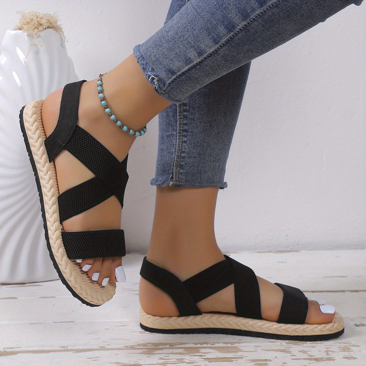 womens elastic band flat sandals casual cross strap outdoor sandals comfortable beach sandals Product details 4