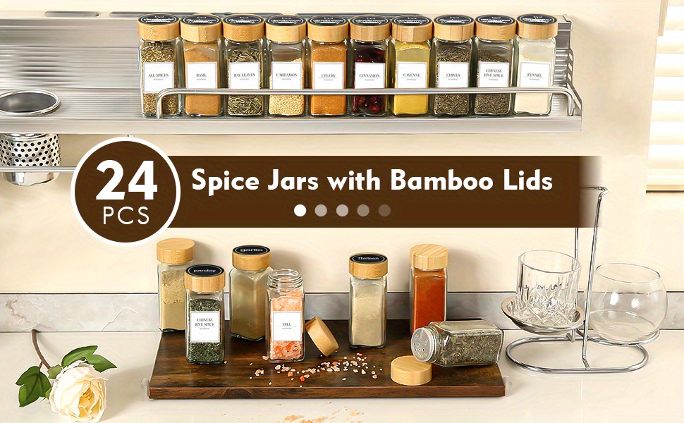 Glass Spice Jars with Bamboo Lids Urban Green, Spice Jars Set & Olive Oil Bottles with Bamboo Rack Stand, Square Sized Glass Spice Jar Set, Spice Jar