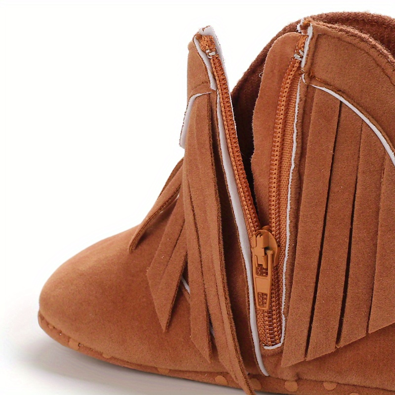 Toddler Ankle High Zippered Boots with Tassels, Geometric Pattern, Soft Fabric Upper/Insole/Sole, Round Toe, Platform Heel, Fashionable Walking Shoes for Baby Girls 0-1 Years, Spring/Fall Collection