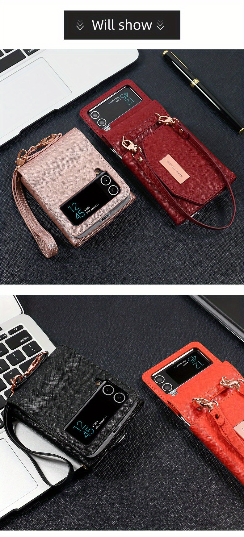 for z flip 4 3 luxury artificial leather wallet phone case for samsung galaxy z flip3 flip4 5g z4 z3 hand strap card slot mobile phone bag details 7