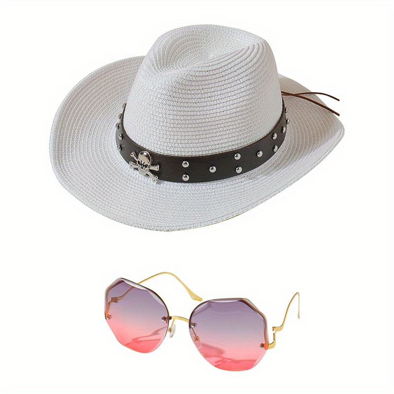 Cowboy Hat & Sunglasses Set Skull Belt Straw Sun Hat