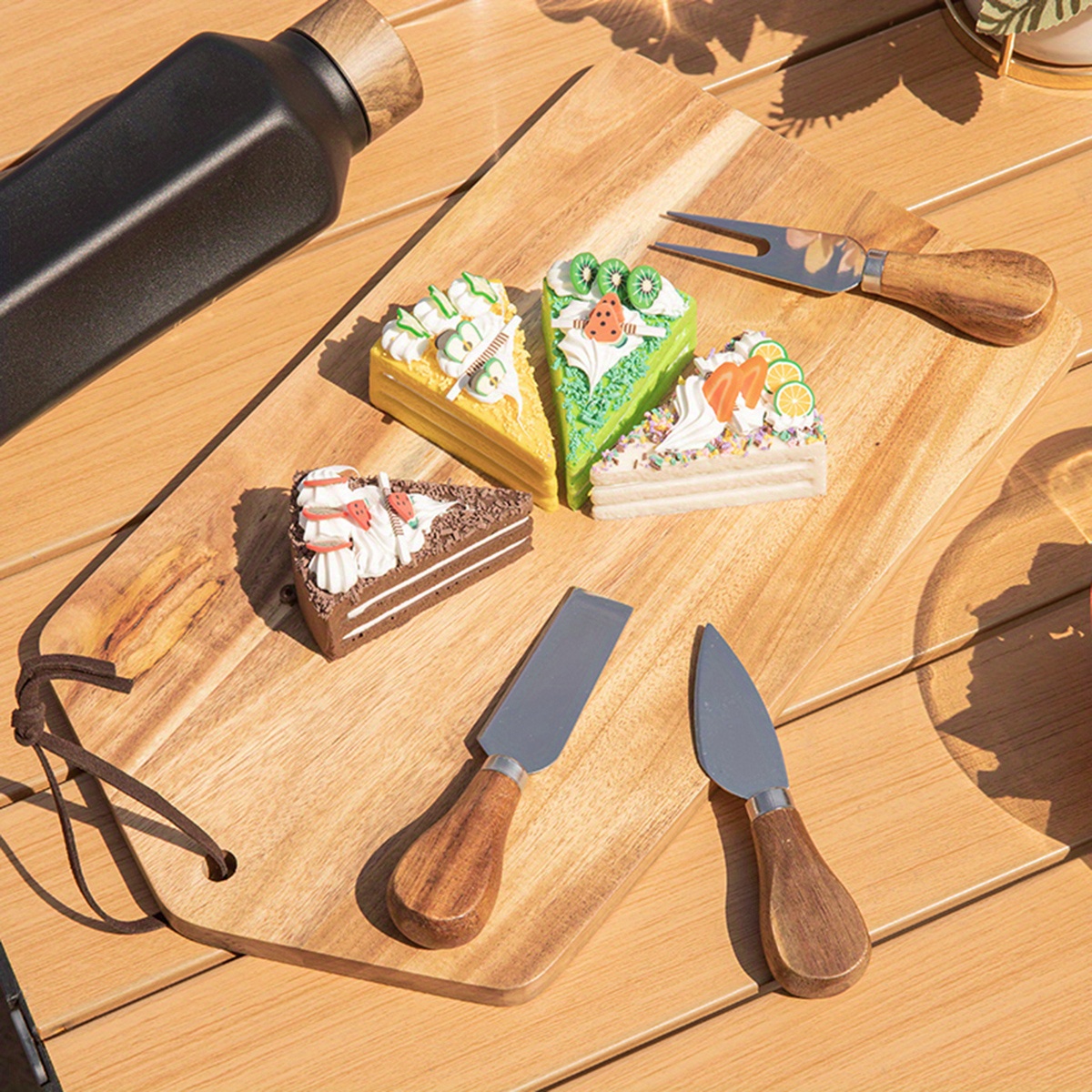 Jaswehome Cheese Cutting Board Set and Knife Acacia Wood Cheese Plate  Wooden Serving Tray Gold Cheese Knife Set