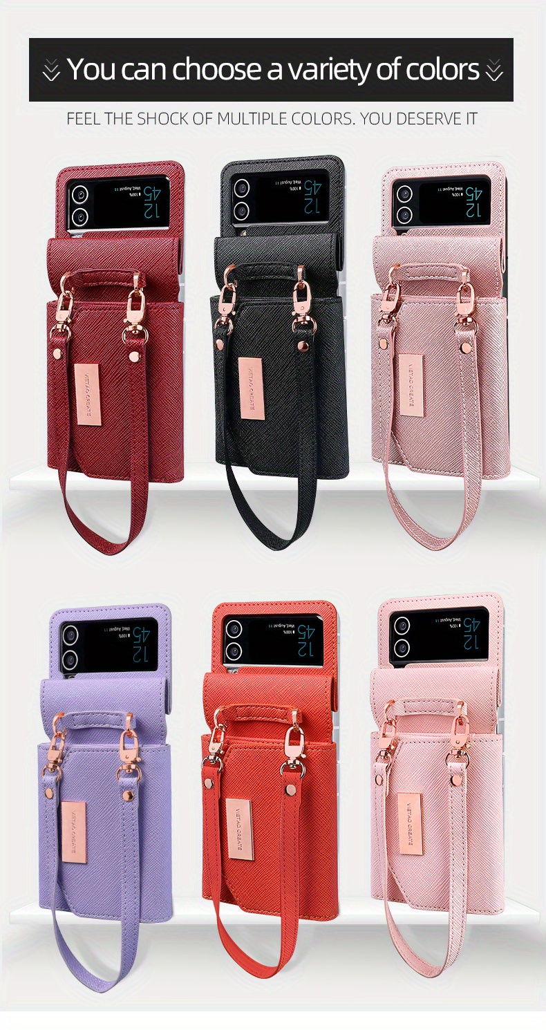 for z flip 4 3 luxury artificial leather wallet phone case for samsung galaxy z flip3 flip4 5g z4 z3 hand strap card slot mobile phone bag details 5