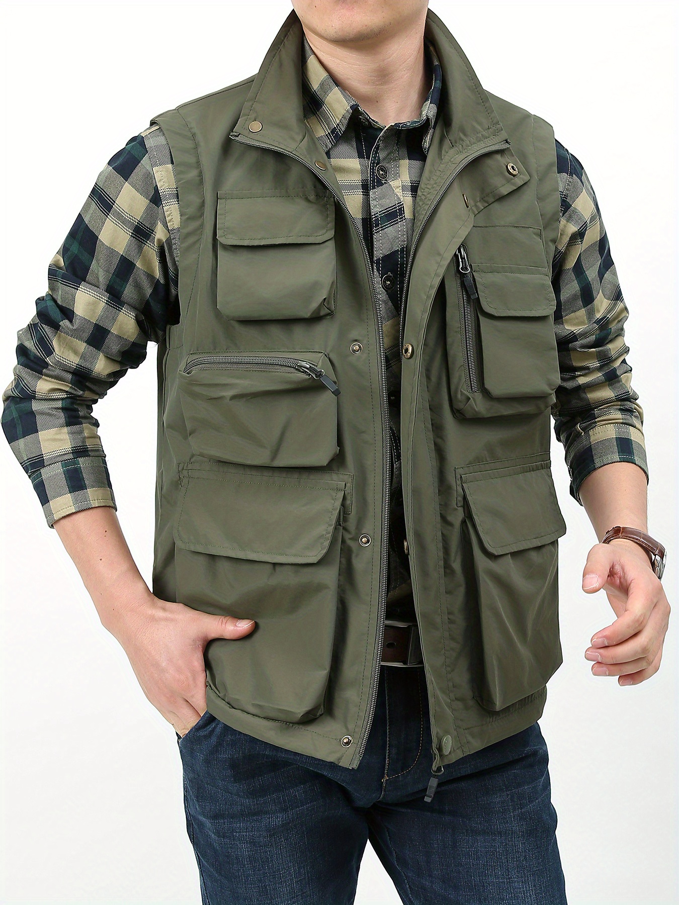 Zipper Pockets Cargo Vest, Men's Casual Outwear Stand Collar Zip Up Vest  For Summer Outdoor Fishing Photography