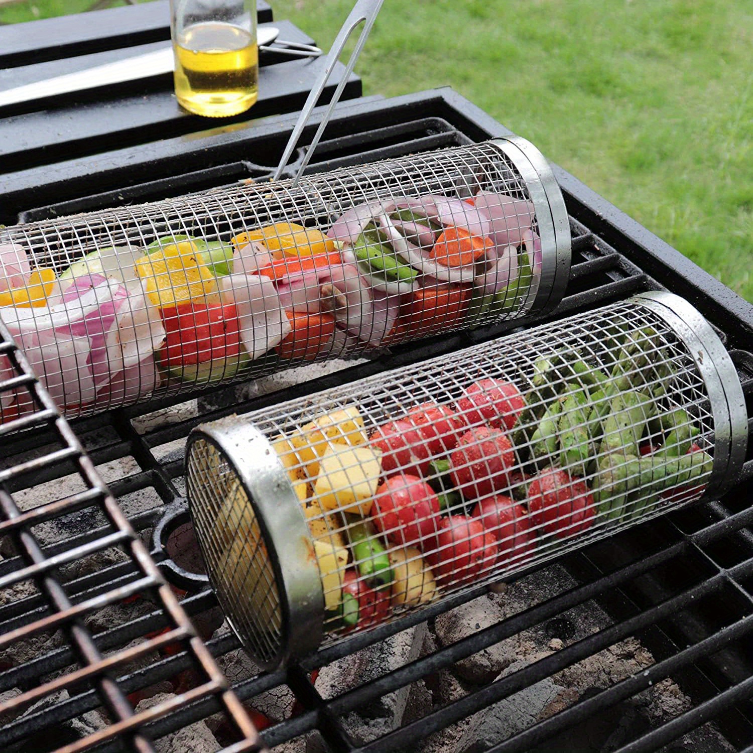 1/2Pack Round Rolling BBQ Baskets Outdoor Camping Grill BBQ Barbecue Tube  Racks