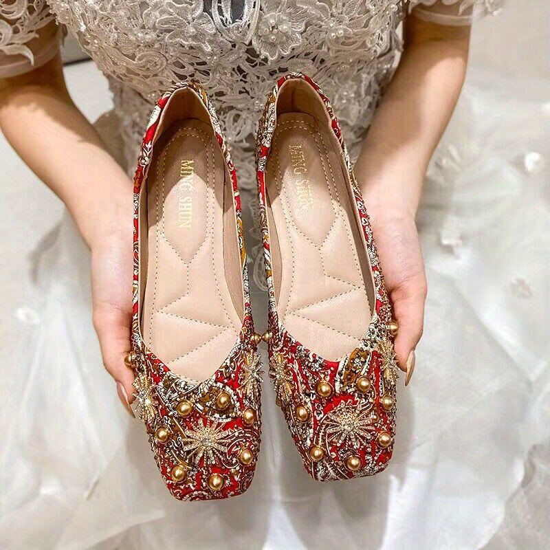 Women s Studded Flat Shoes Floral Rhinestone Square Toe Slip