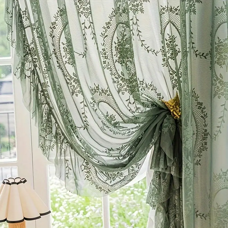 Vintage Green Fl Embroidery Sheer Short Curtain Lace Temu