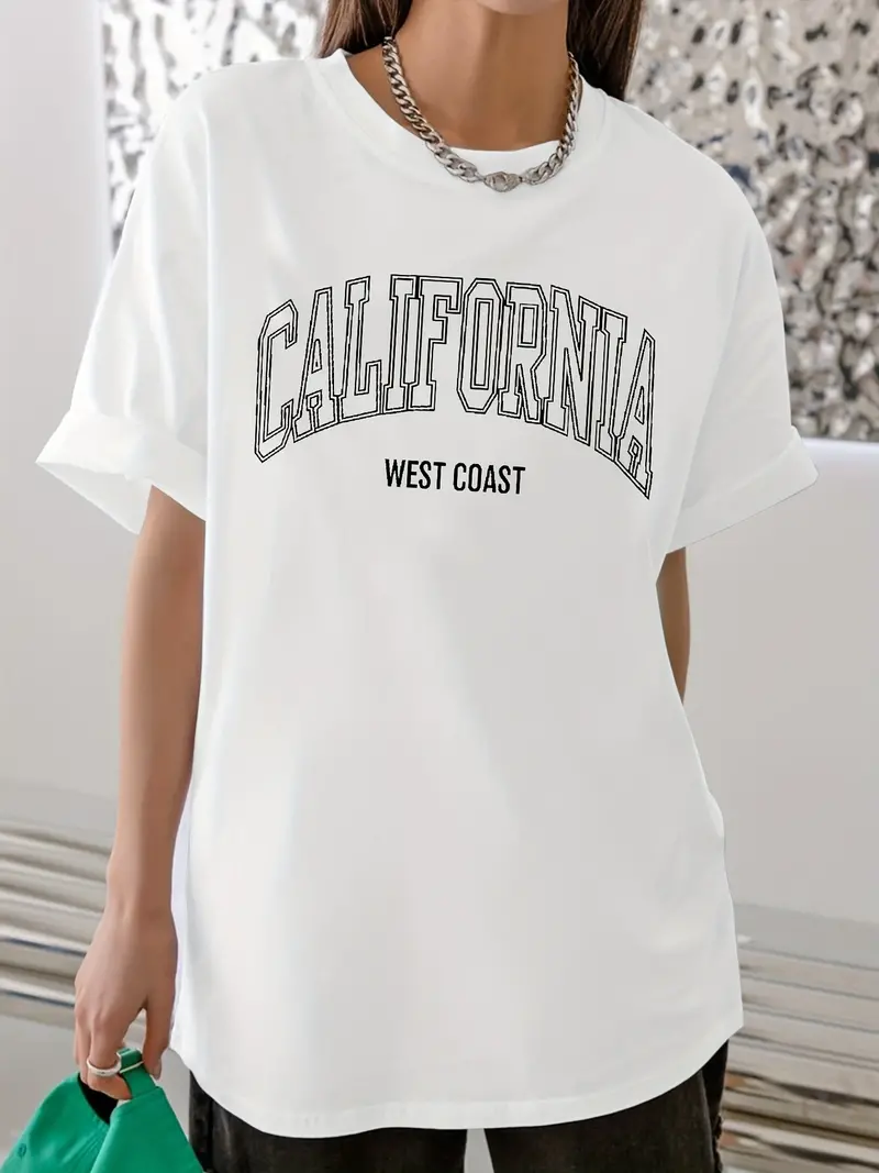 Camiseta Con Estampado De Letras De California, Camiseta De Verano Informal  Suelta Con Cuello Redondo Y Hombros Caídos, Ropa De Mujer