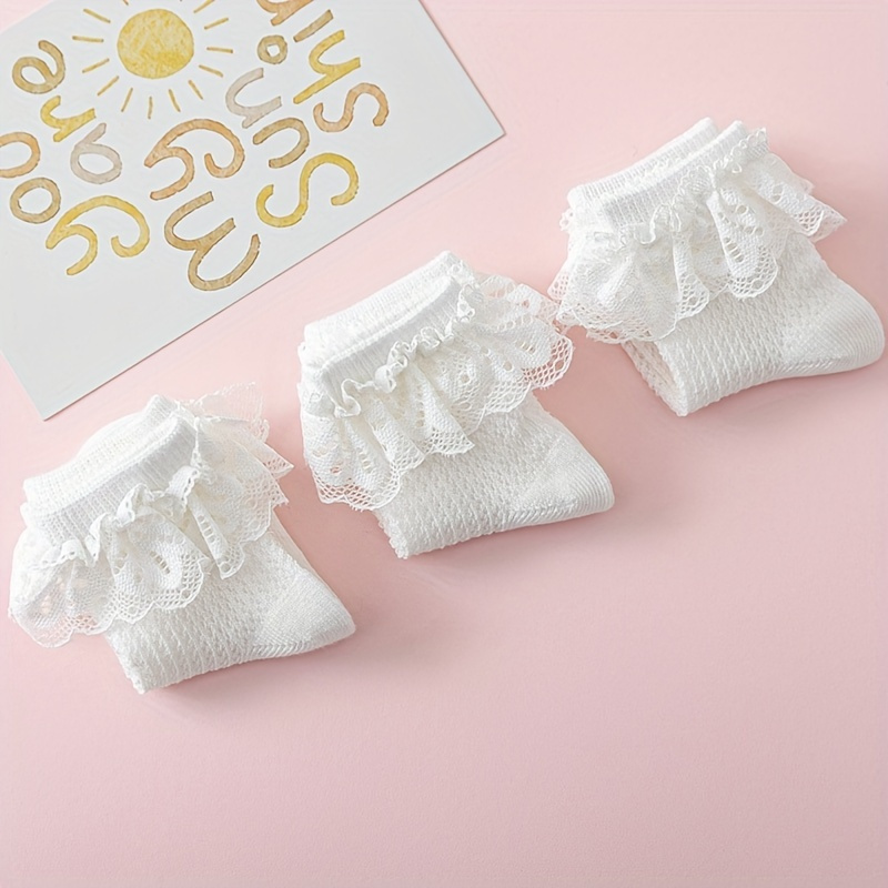 3pairs Baby Girls Lace Trim Socks, Breathable Comfortable Princess Socks For Infant Newborn Toddlers