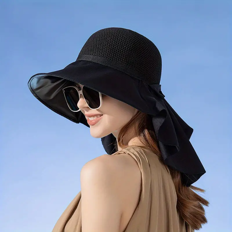Elegant Wide Brim Sun Hat Neck Flap Solid Color Sunscreen - Temu