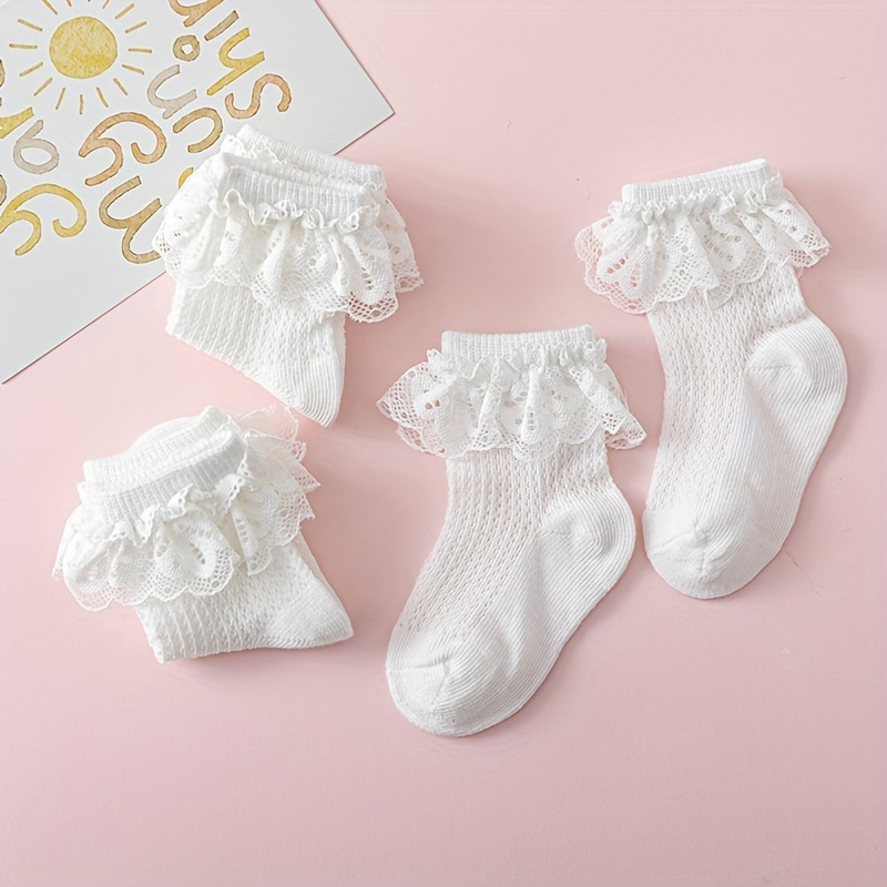 3pairs Baby Girls Lace Trim Socks, Breathable Comfortable Princess Socks For Infant Newborn Toddlers