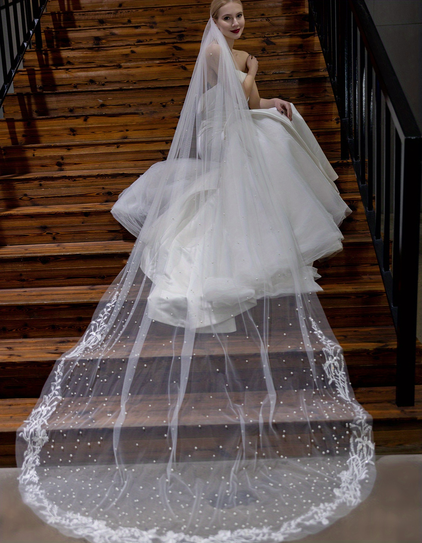 Flowers Adorned Long Bridal Veil Cathedral Length Wedding Veil