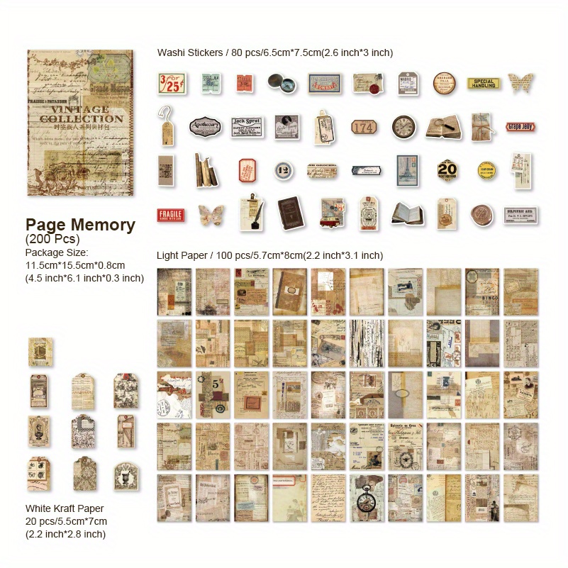 200PCS Vintage Scrapbooking Supplies Pack, Aesthetic Scrapbook