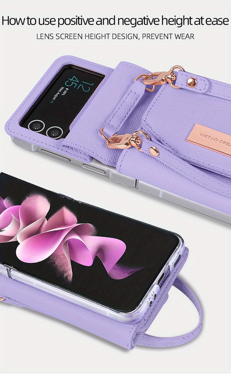 for z flip 4 3 luxury artificial leather wallet phone case for samsung galaxy z flip3 flip4 5g z4 z3 hand strap card slot mobile phone bag details 2