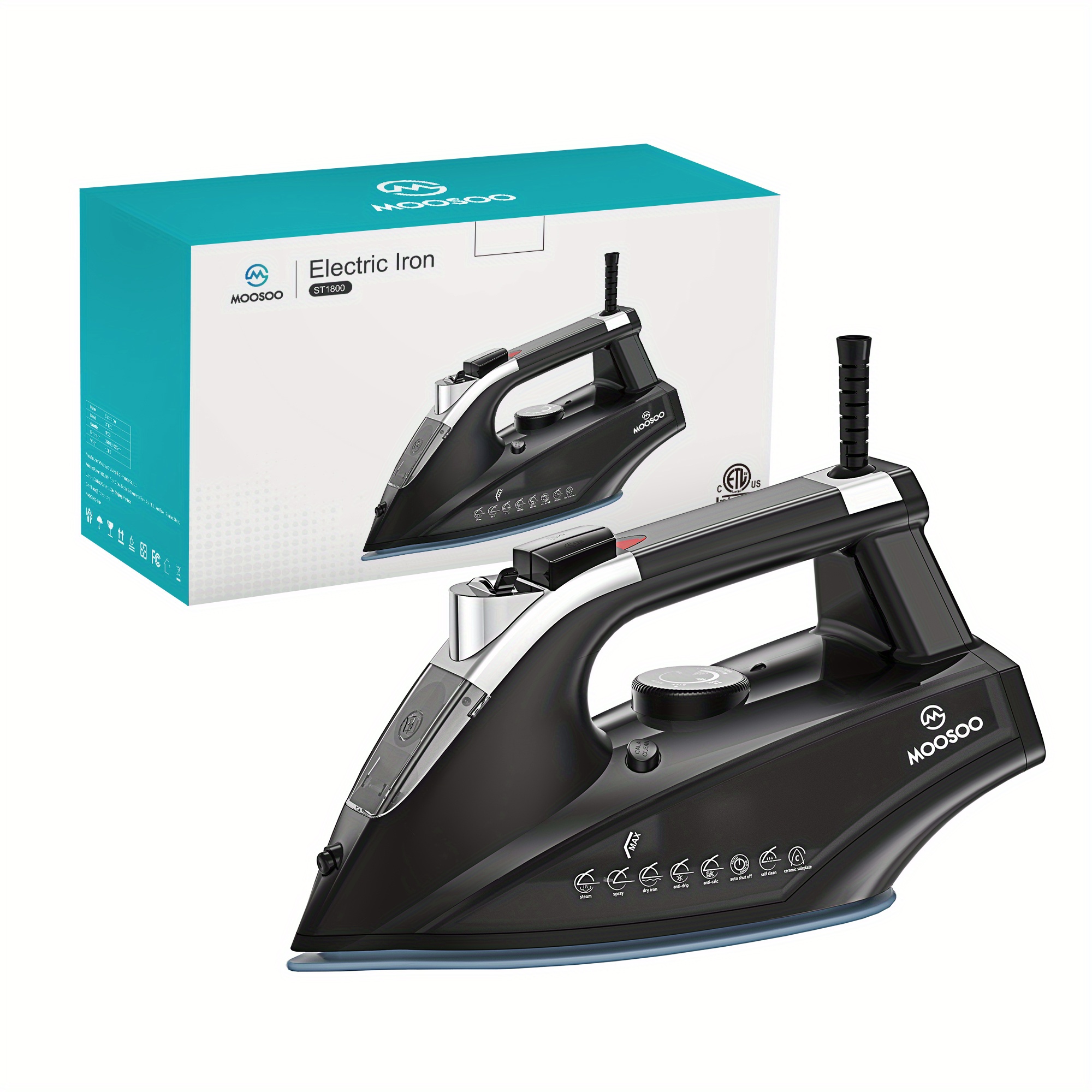 Moosoo Steam Iron, 1800W Portable Steam-Dry Iron for Clothes, Lightweight  Anti-drip Iron with Auto-Off, ST1800