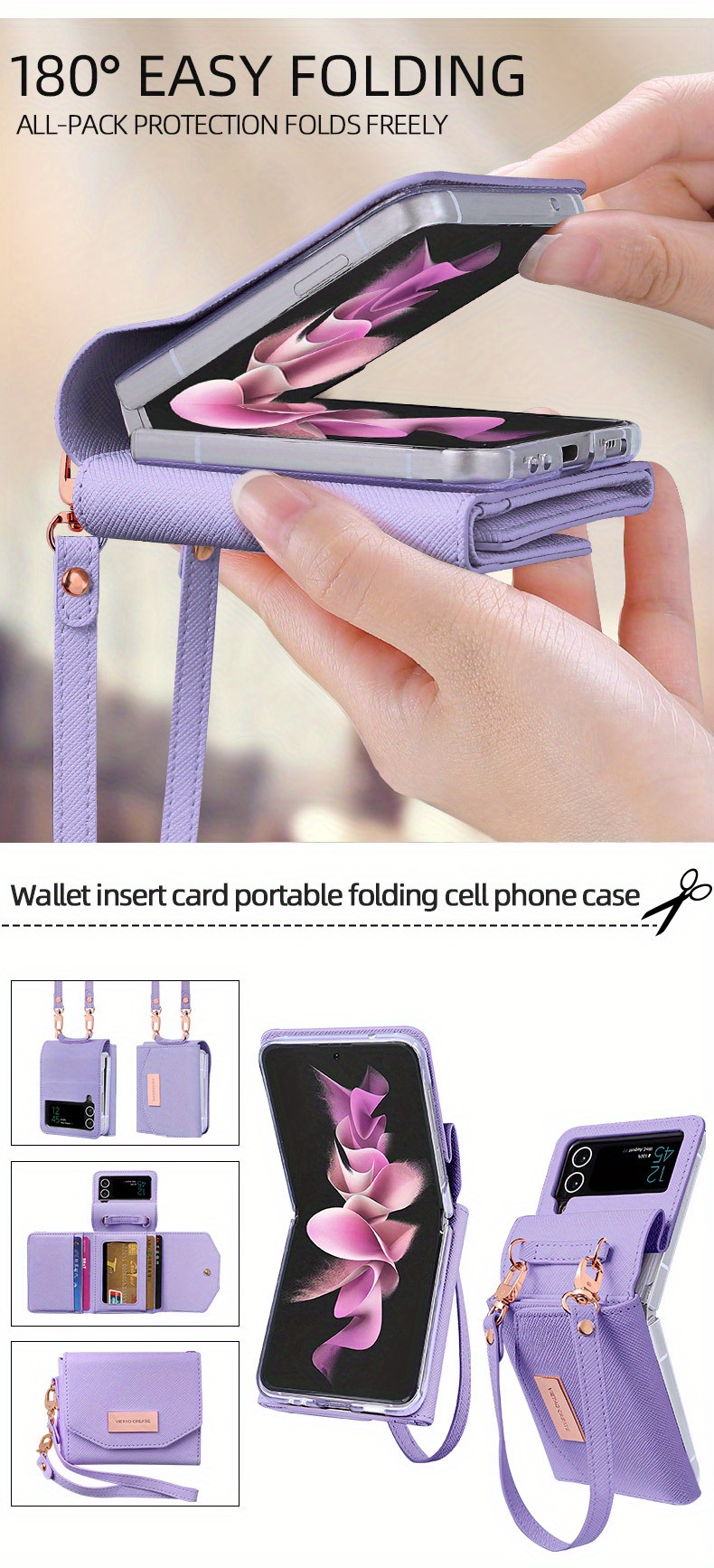 for z flip 4 3 luxury artificial leather wallet phone case for samsung galaxy z flip3 flip4 5g z4 z3 hand strap card slot mobile phone bag details 4