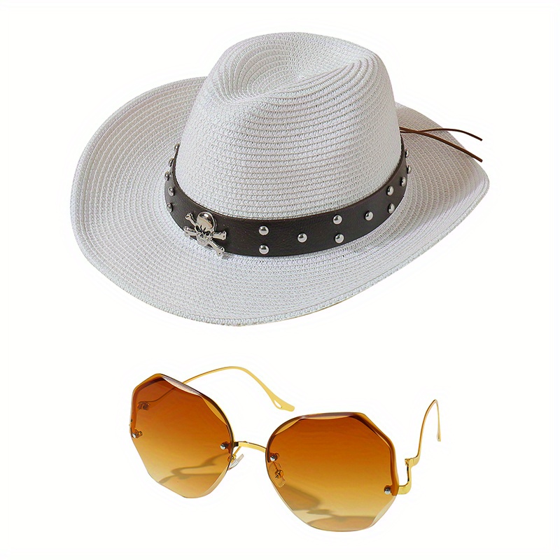Cowboy Hat & Sunglasses Set Skull Belt Straw Sun Hat