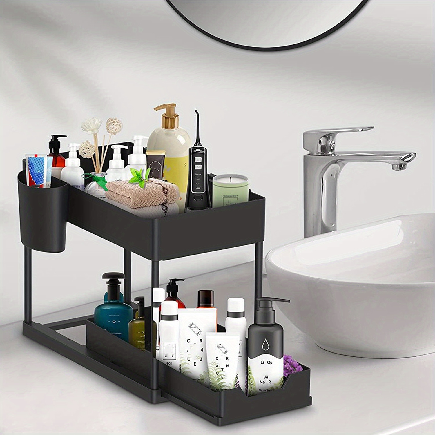 2-tier Sliding Cabinet Organizer With Hooks And Cup For Under Sink Storage  In Bathroom And Kitchen - Efficient Household Organizer For Kitchen Gadgets  And Stuff - Temu