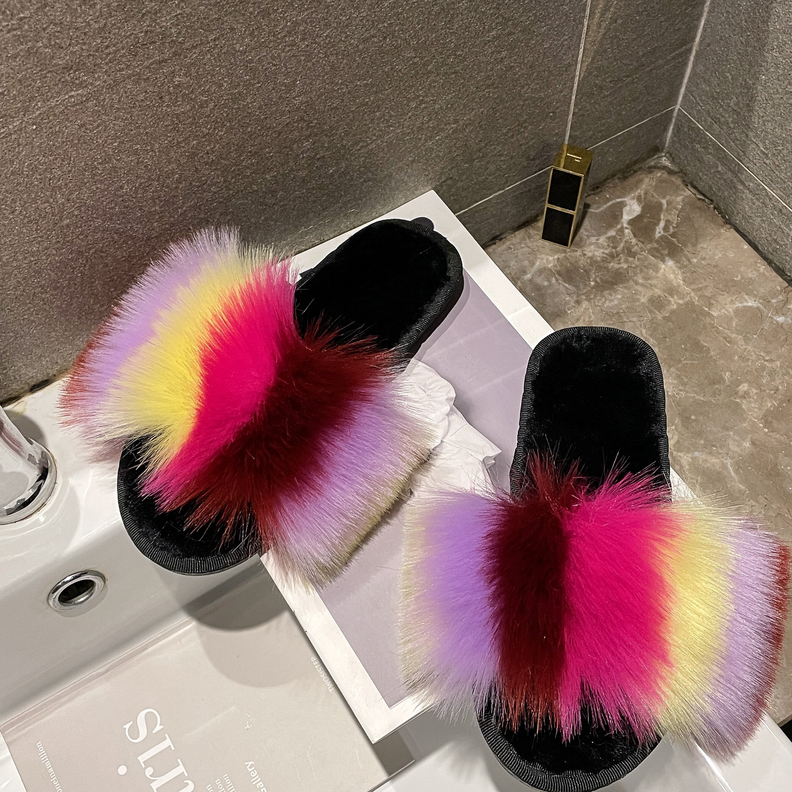 Real Fur Slides in Pink Mink Full Skin Rubber Fur Slippon 