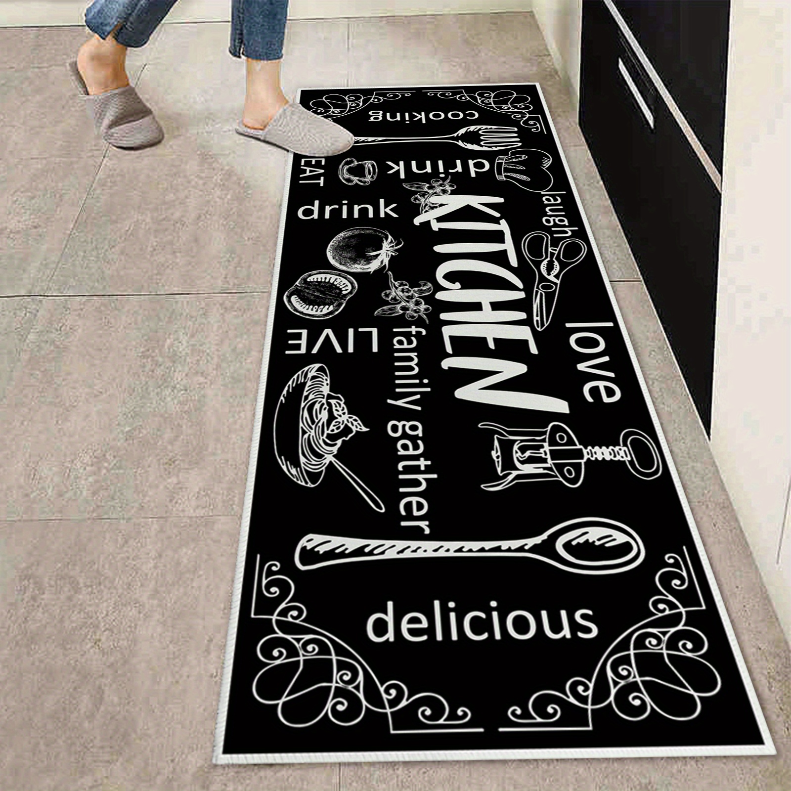 Black And White Kitchenware Printed Kitchen Rugs, Absorbent Non