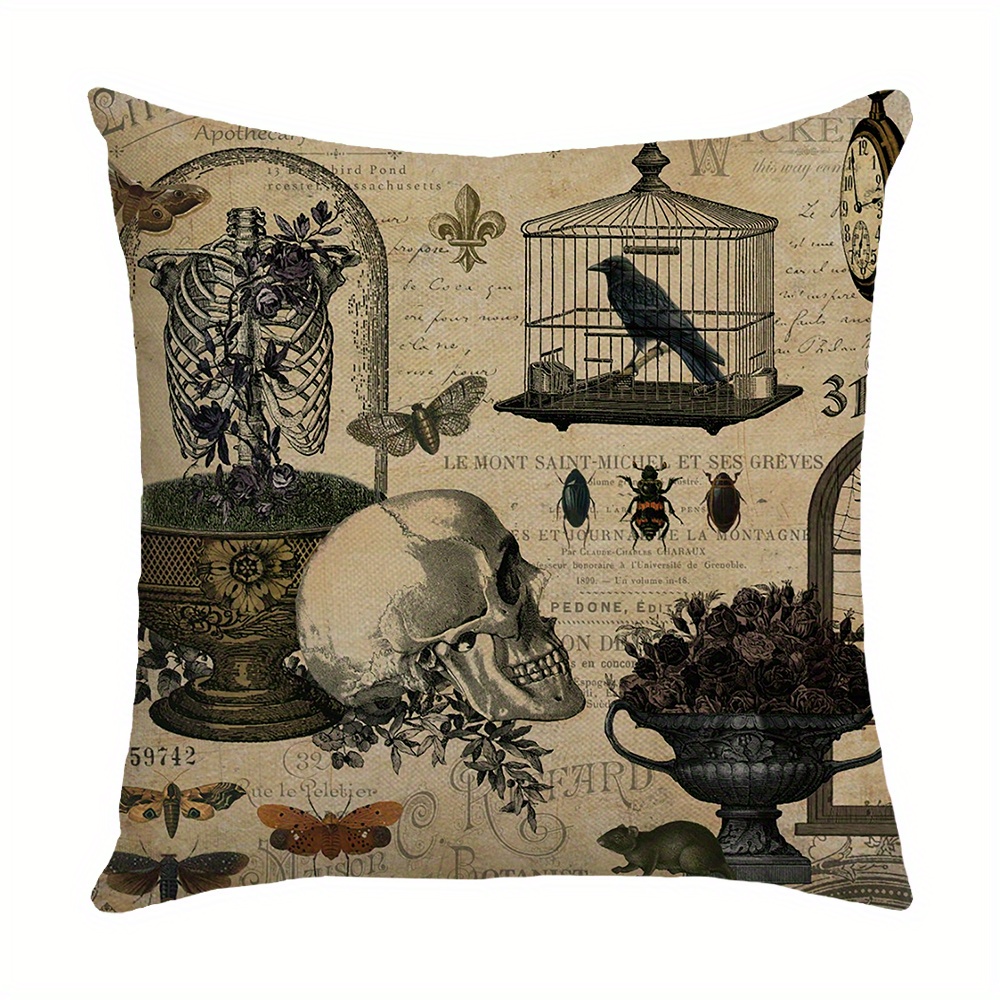 Halloween Gothic Skull Linen Blend Pattern Throw Pillow Cover