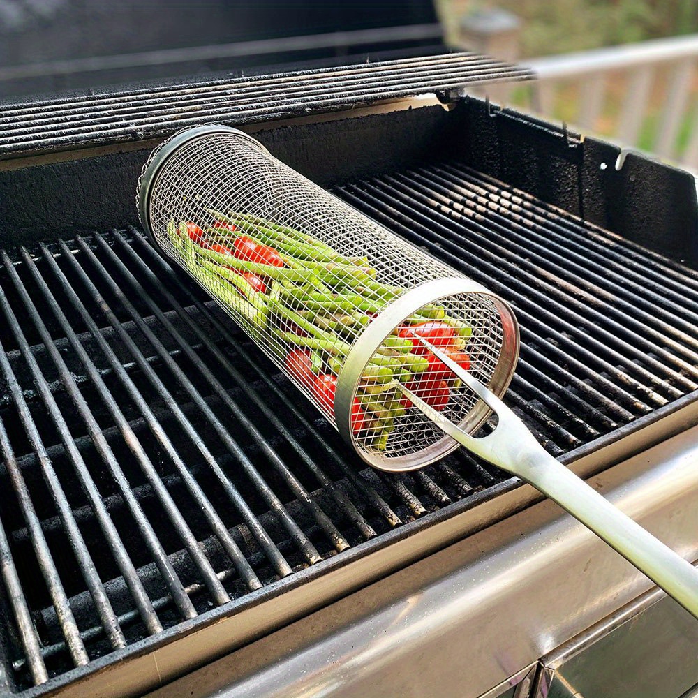 Grill 1pc Stainless Steel Wire Mesh Bbq Rolling Grilling Basket For
